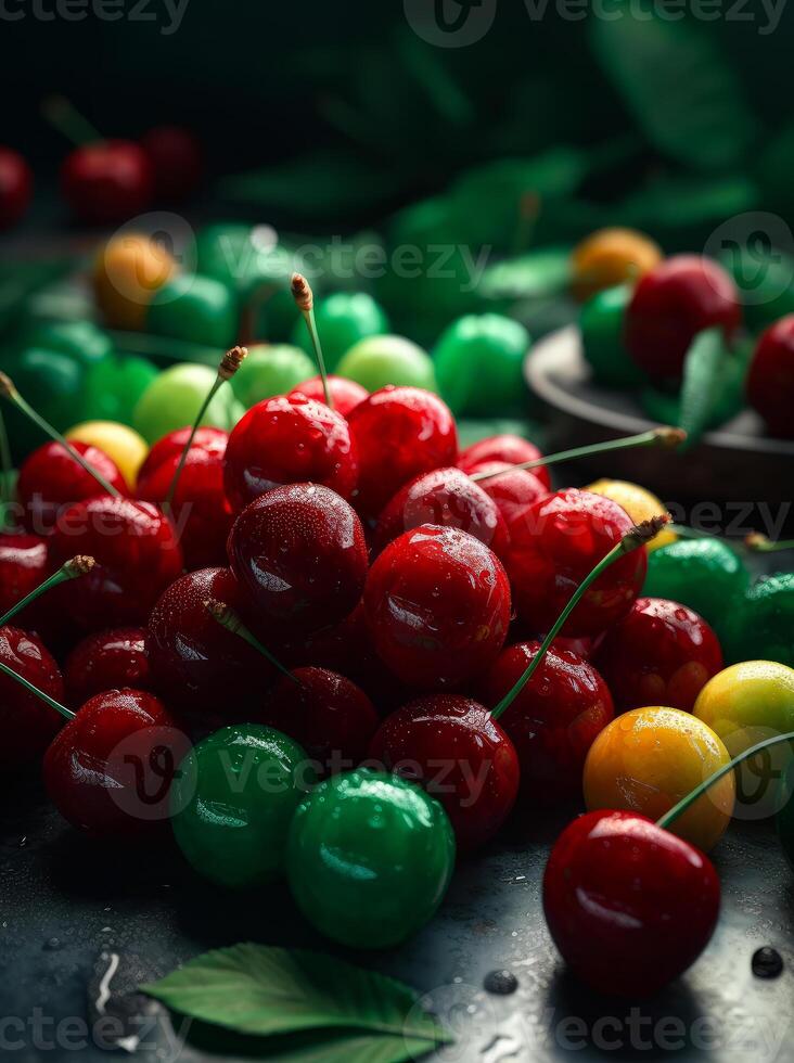 AI generated Cherries on dark background photo