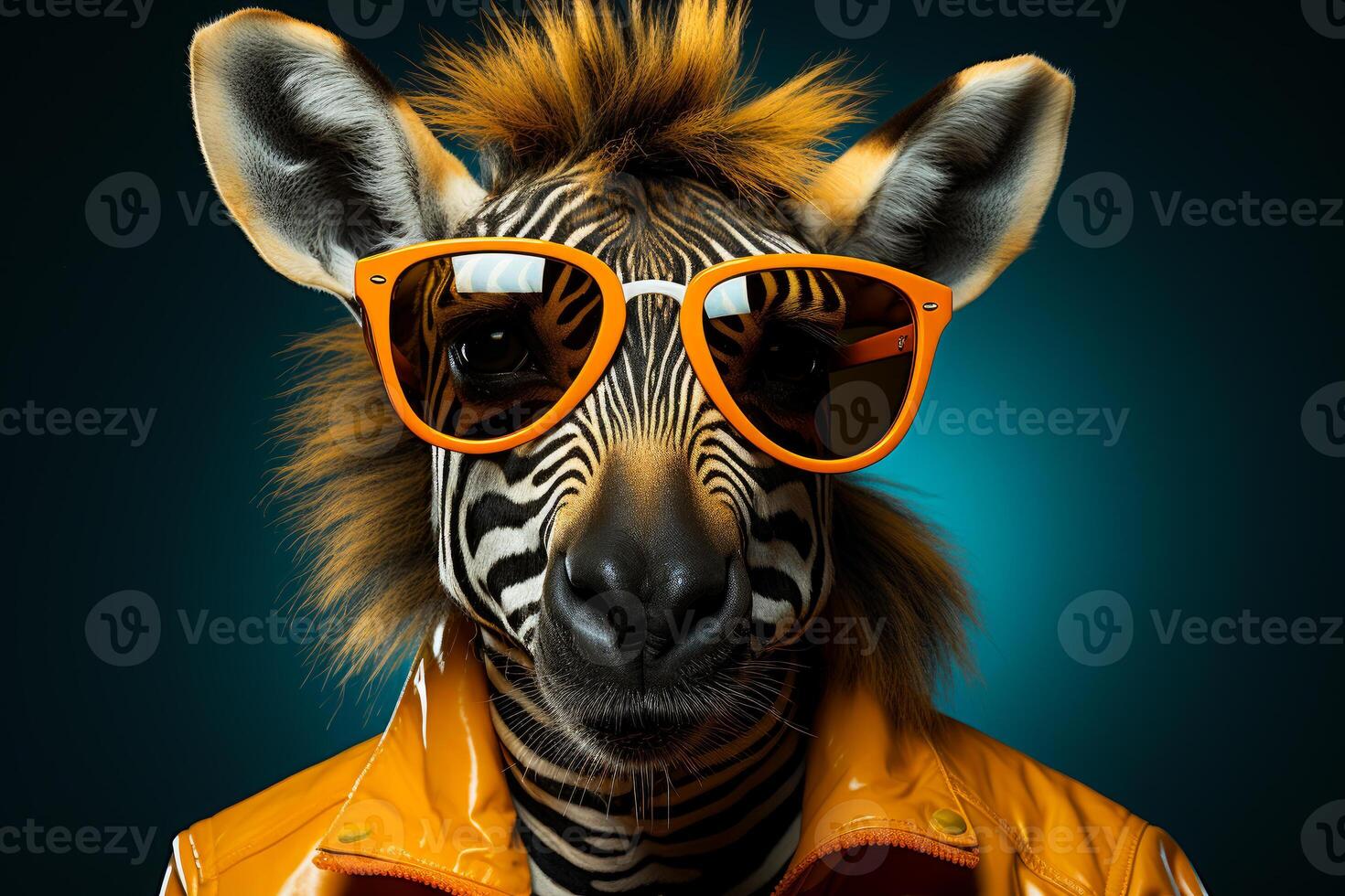 AI generated Image of zebra with sunglasses on bright background. Zebra in clothes. Funny portrait of zebra in bright orange sunglasses and leather jacket on blue background. photo