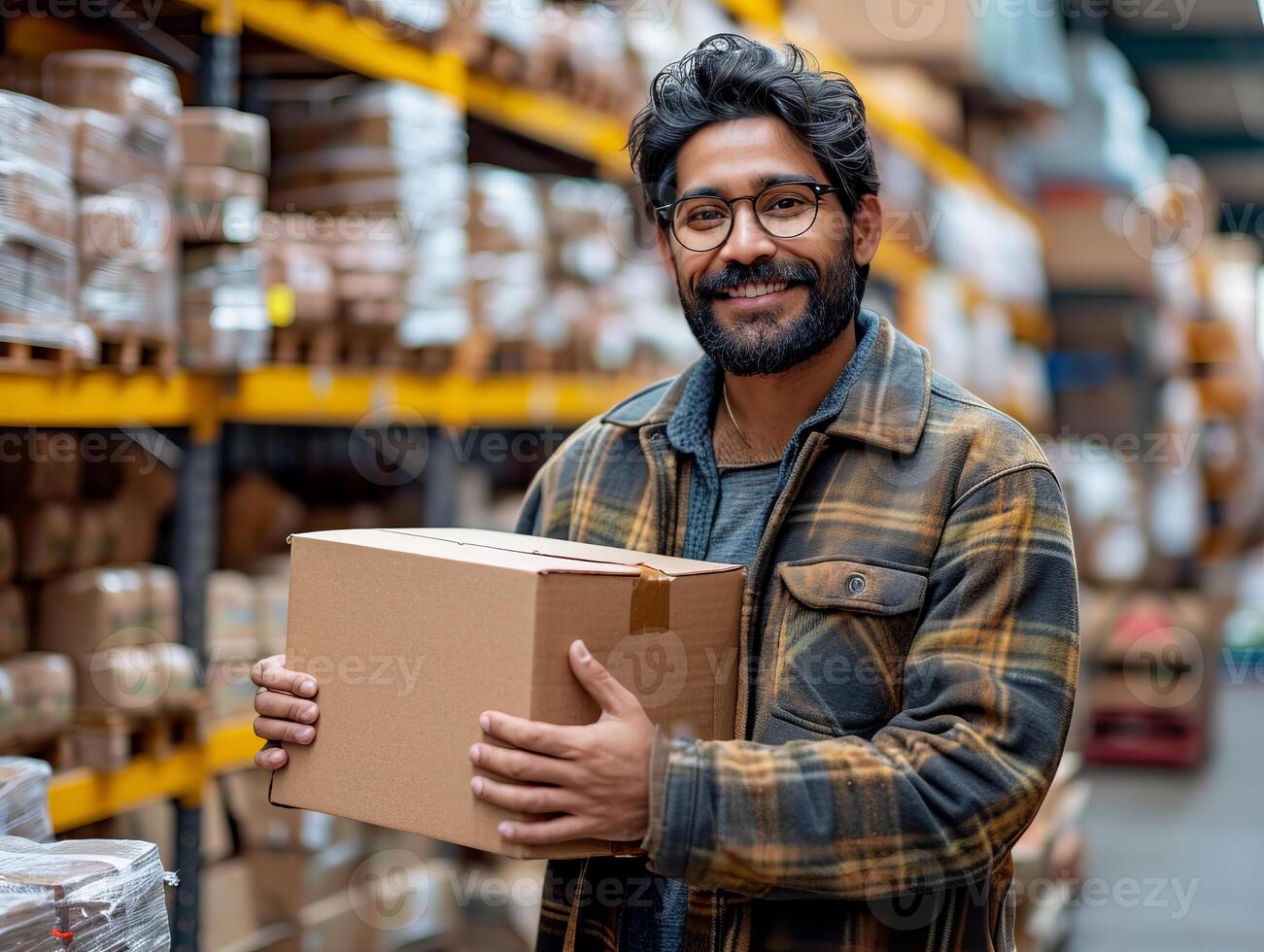 AI generated An indian man packing a box inside a warehouse space. A man in a warehouse holding a box. photo