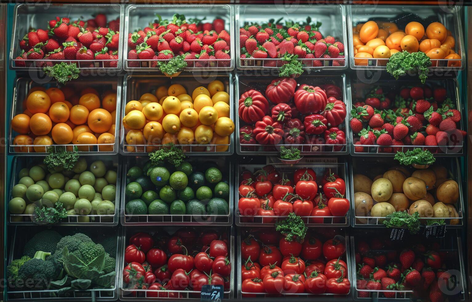 AI generated The produce cases are packed. A display case showcasing a wide variety of different types of fruits and vegetables. photo