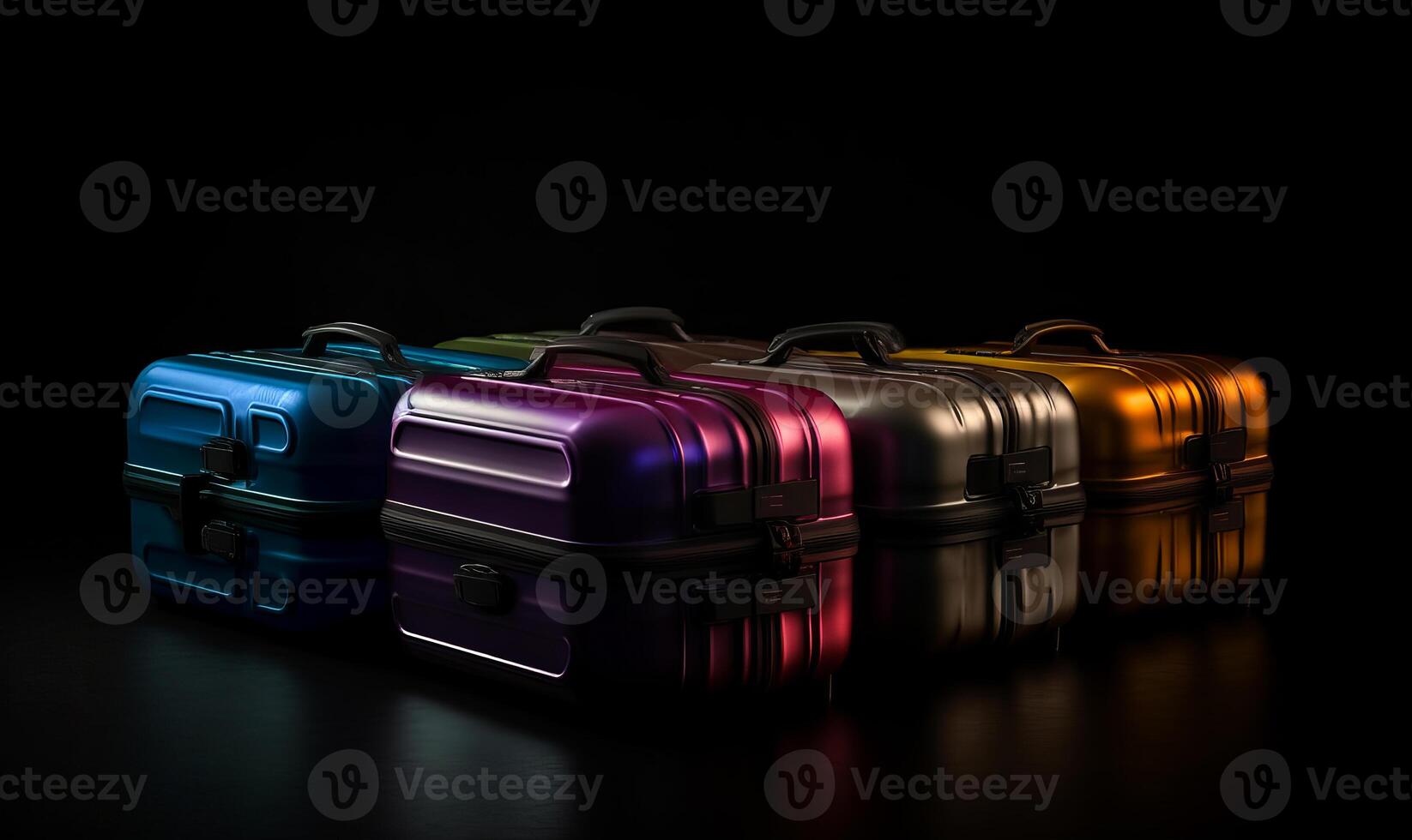 AI generated Four multi-colored suitcases on black background photo