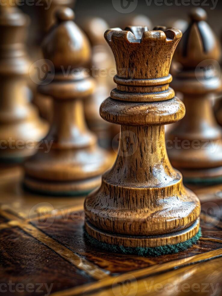 AI generated Chess pieces are on a wooden board. A detailed and close-up view of a wooden chess board with intricately carved chess pieces. photo