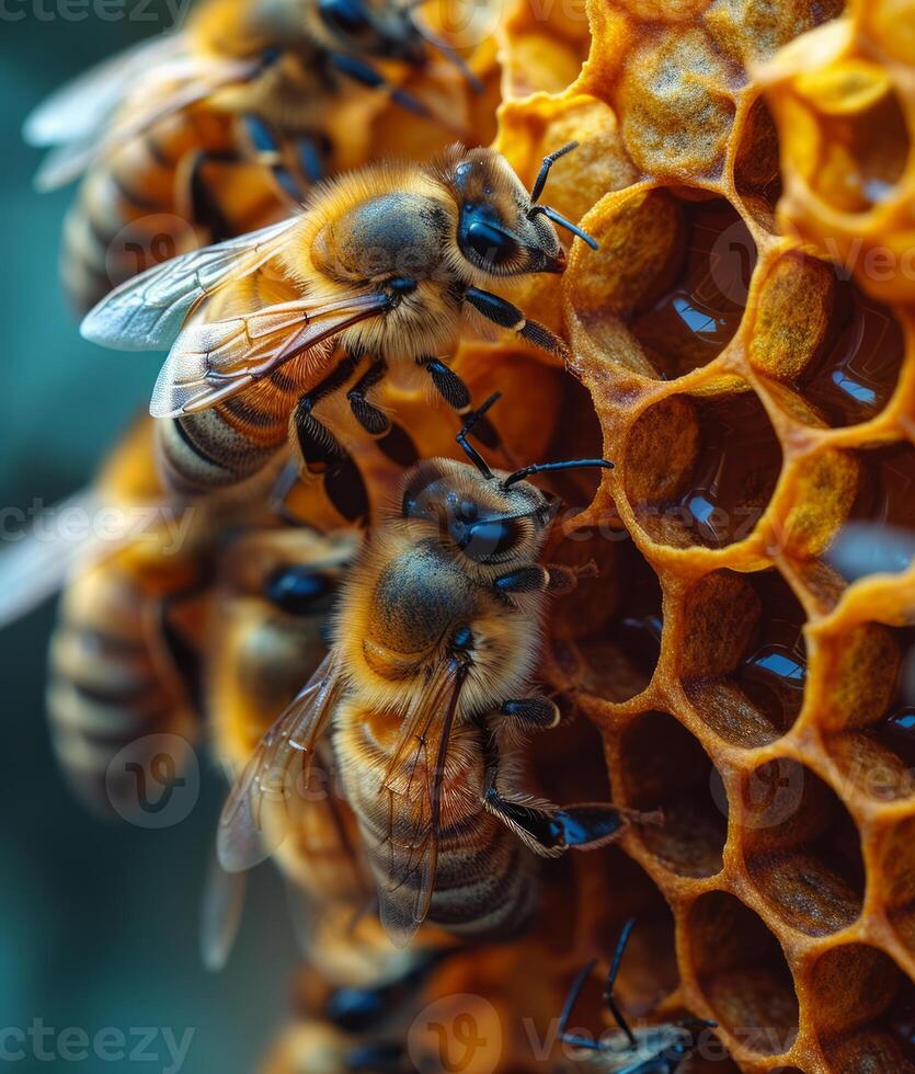 ai generado abejas construir panales de cerca de el trabajando abejas en panal foto