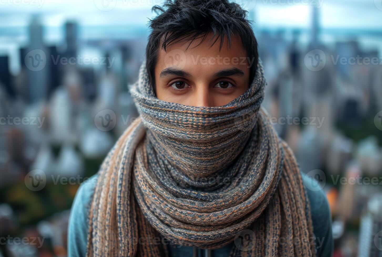 AI generated Young man in a hammock with laptop. A man bundled up in warm attire as he stands outdoors, wearing a scarf around his neck to protect against the cold. photo