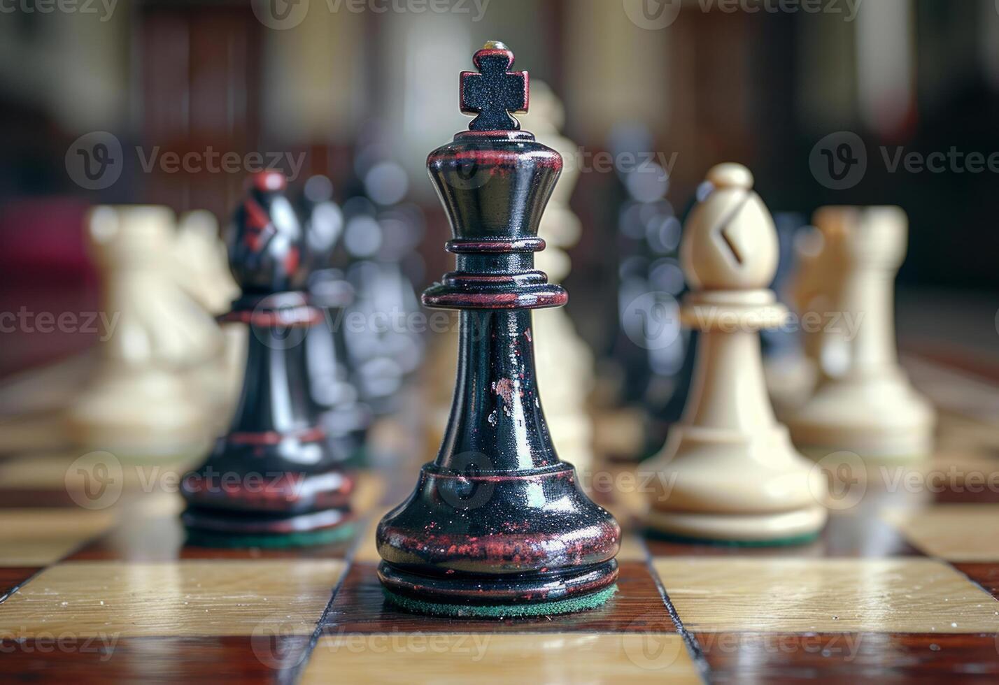 AI generated Chess pieces are on a wooden board. A detailed view of a chess board with the pieces strategically positioned for a challenging game. photo