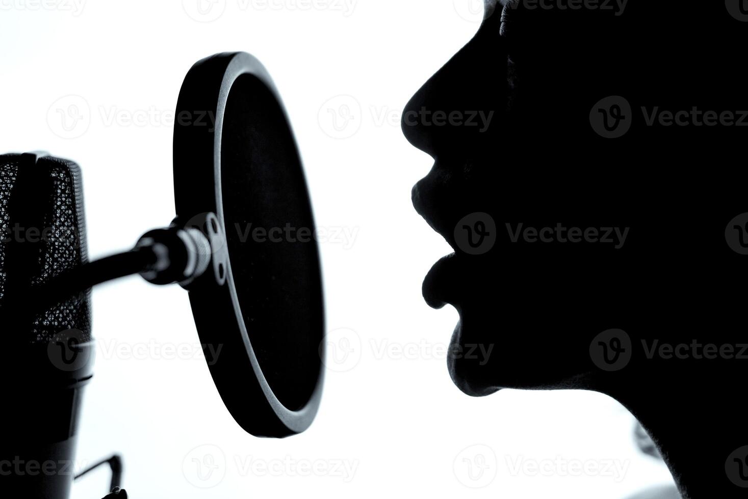 Sensual woman sexy silhouette profile with pretty face near studio microphone. A girl with opened mouth in front of the microphone. Close-up photo