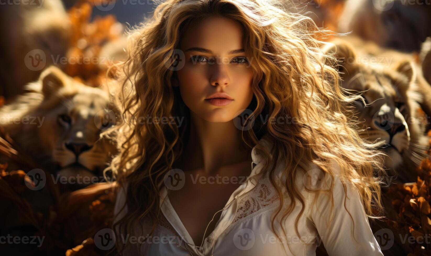 AI generated Beautiful woman with lions photo