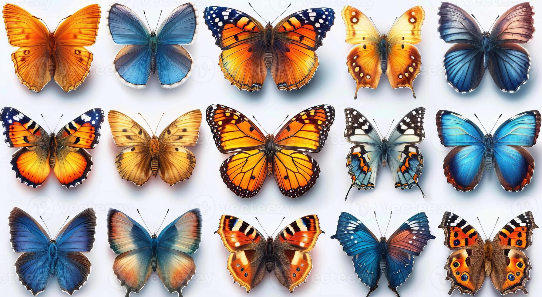 AI generated A selection of different butterflies. A group of butterflies sitting on top of each other in a colorful and intricate arrangement. photo