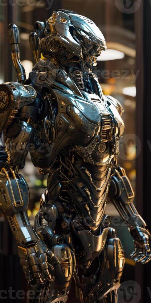 AI generated Futuristic robot warrior with rifle photo