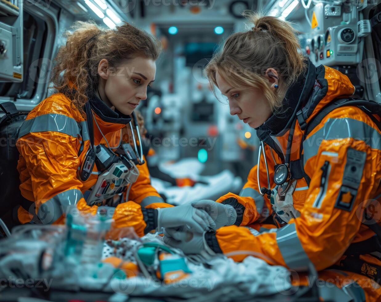 AI Generated Two female astronauts are working in spaceship. Two doctors inside an ambulance doing treatment in the back photo