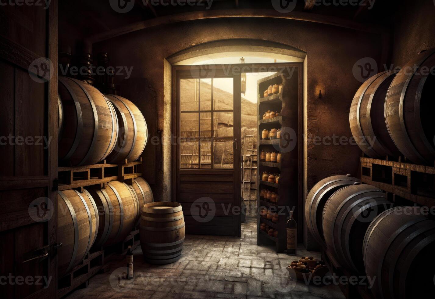 AI generated Wine barrels stacked in the old cellar of the winery. photo