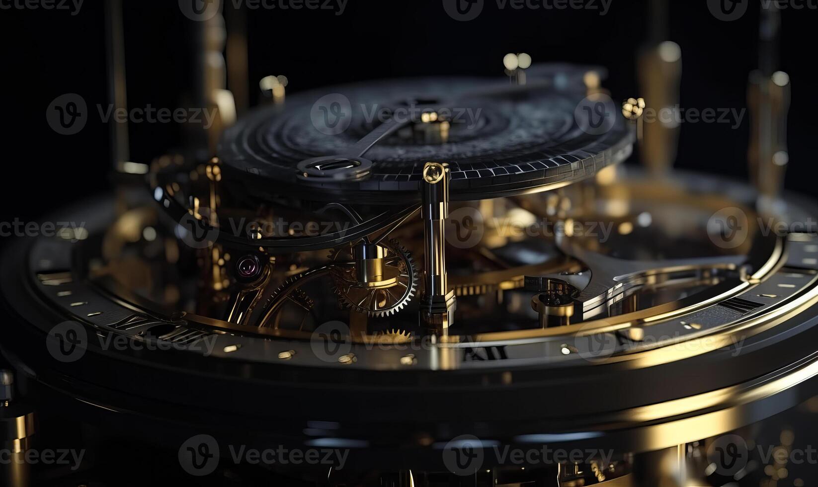 AI generated The mechanism of luxury wristwatch with gold and black dial and gold chain photo