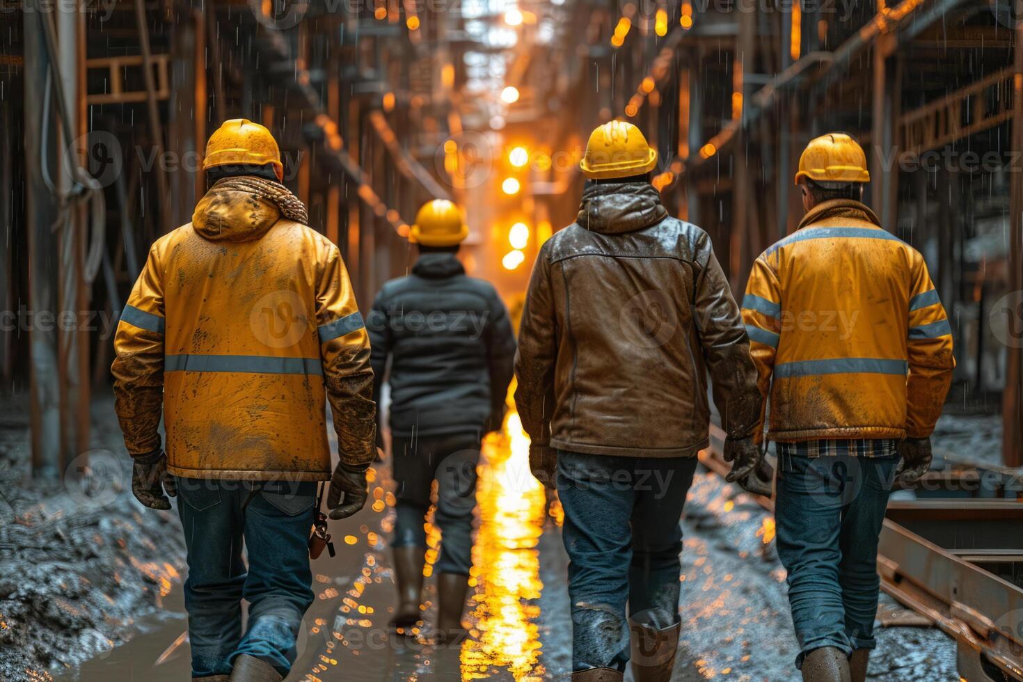 AI generated Workers in yellow uniform walking through the mine photo