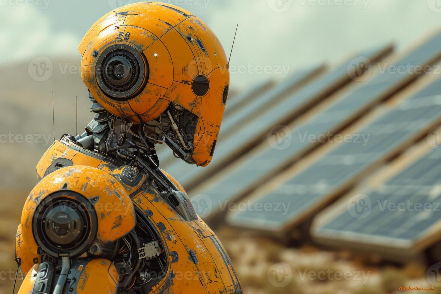 AI generated Robot standing in front of solar panels. A yellow robot stands in front of a row of solar panels, showcasing the intersection of advanced technology and renewable energy. photo
