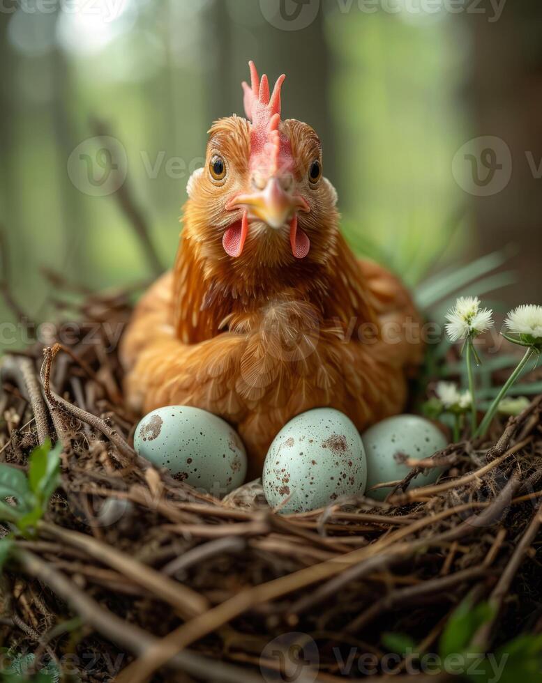 ai generado gallina se sienta en nido con huevos foto