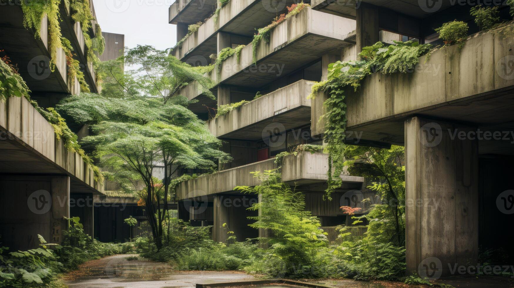AI generated A stark contrast between nature and brutalist architecture photo
