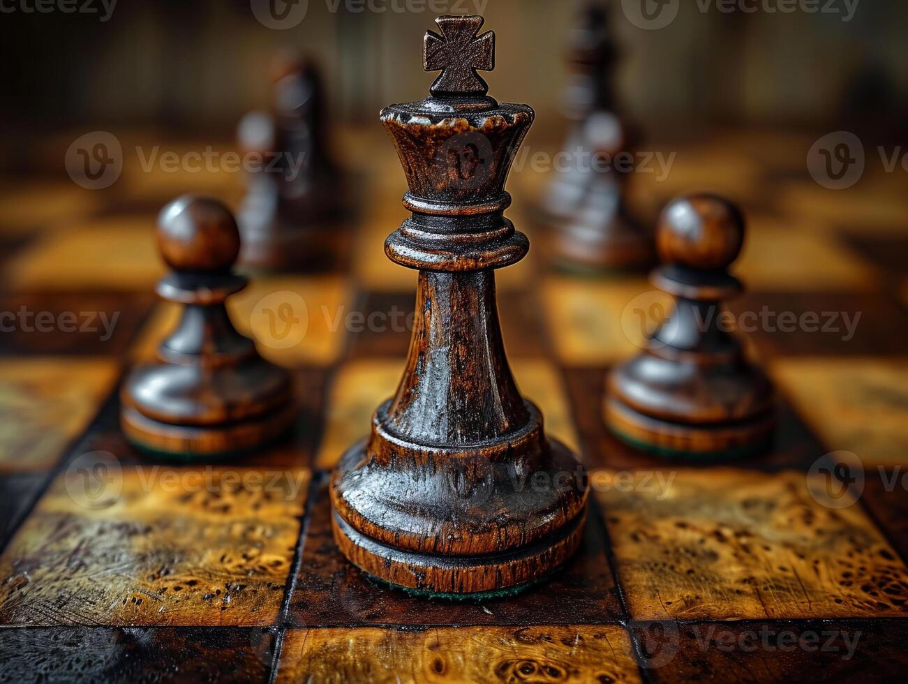 AI generated A chess piece and a king on a wooden board. A detailed view of a chess board showing the strategic arrangement of chess pieces during a game. photo