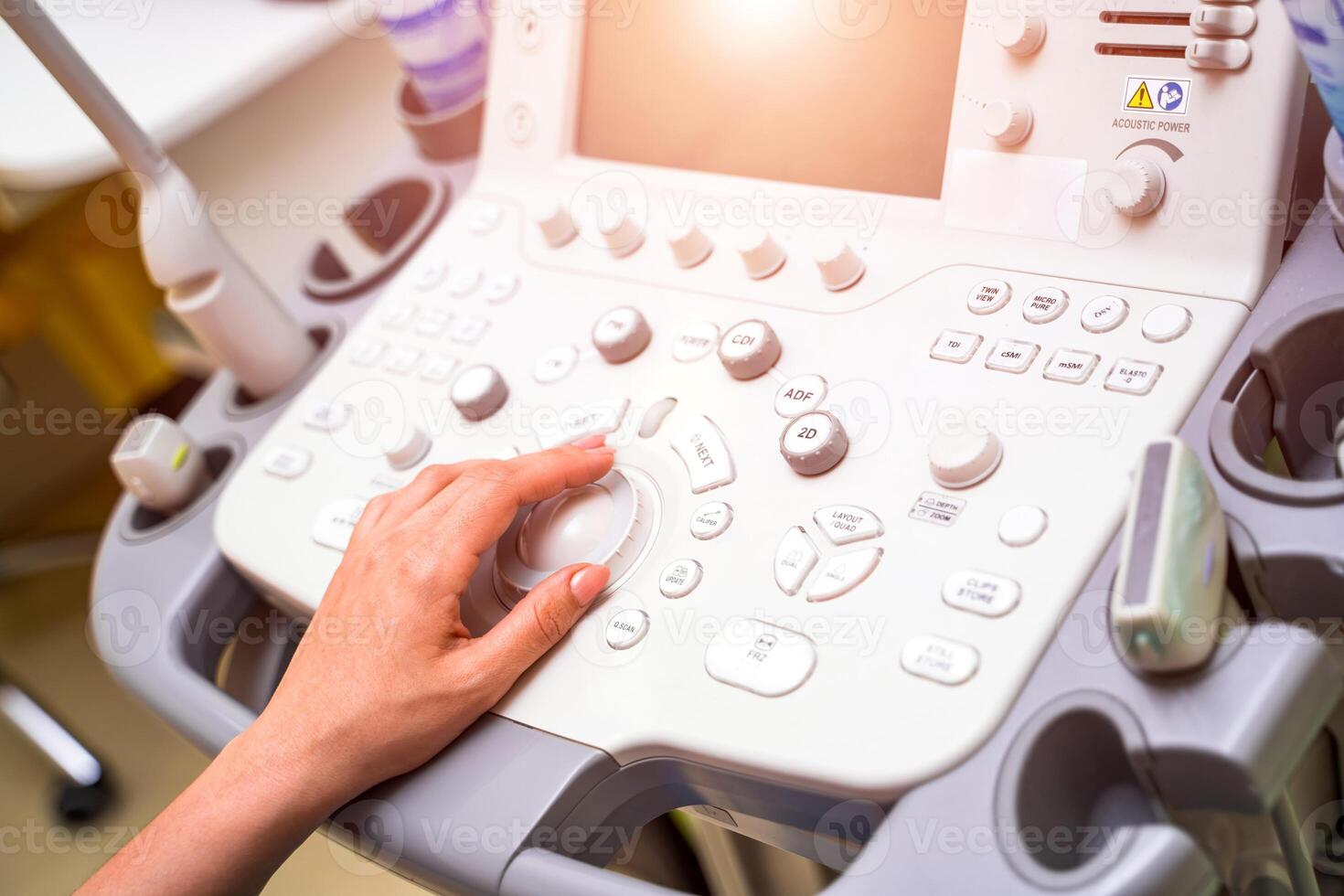 Detail of computer ultrasound with x-ray in modern clinic. Scanning diagnostic equipment. New methods of treatment. Closeup. photo