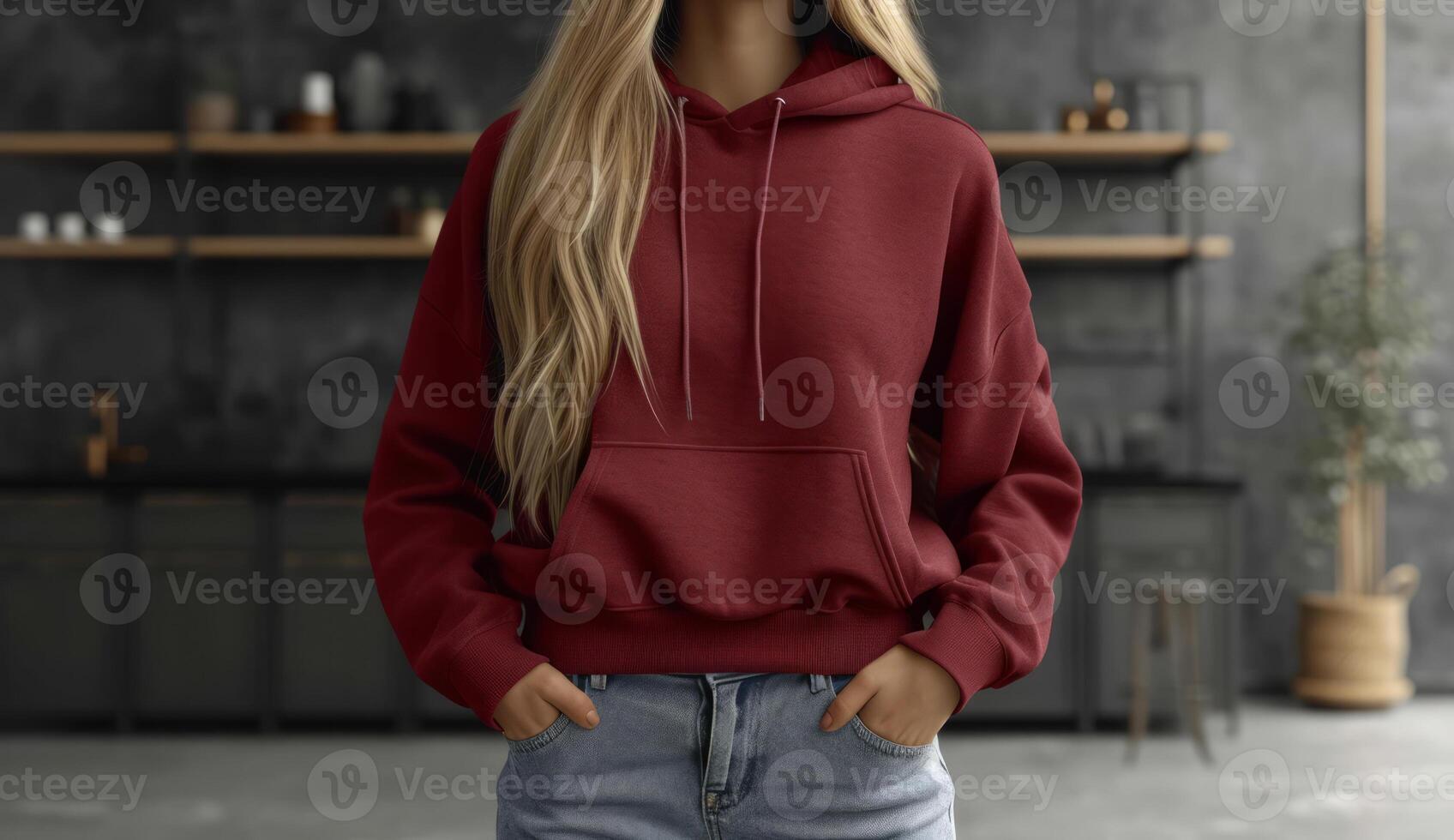 AI generated Young woman in red hoodie stands in room with her hands in her pockets. Mockup. photo