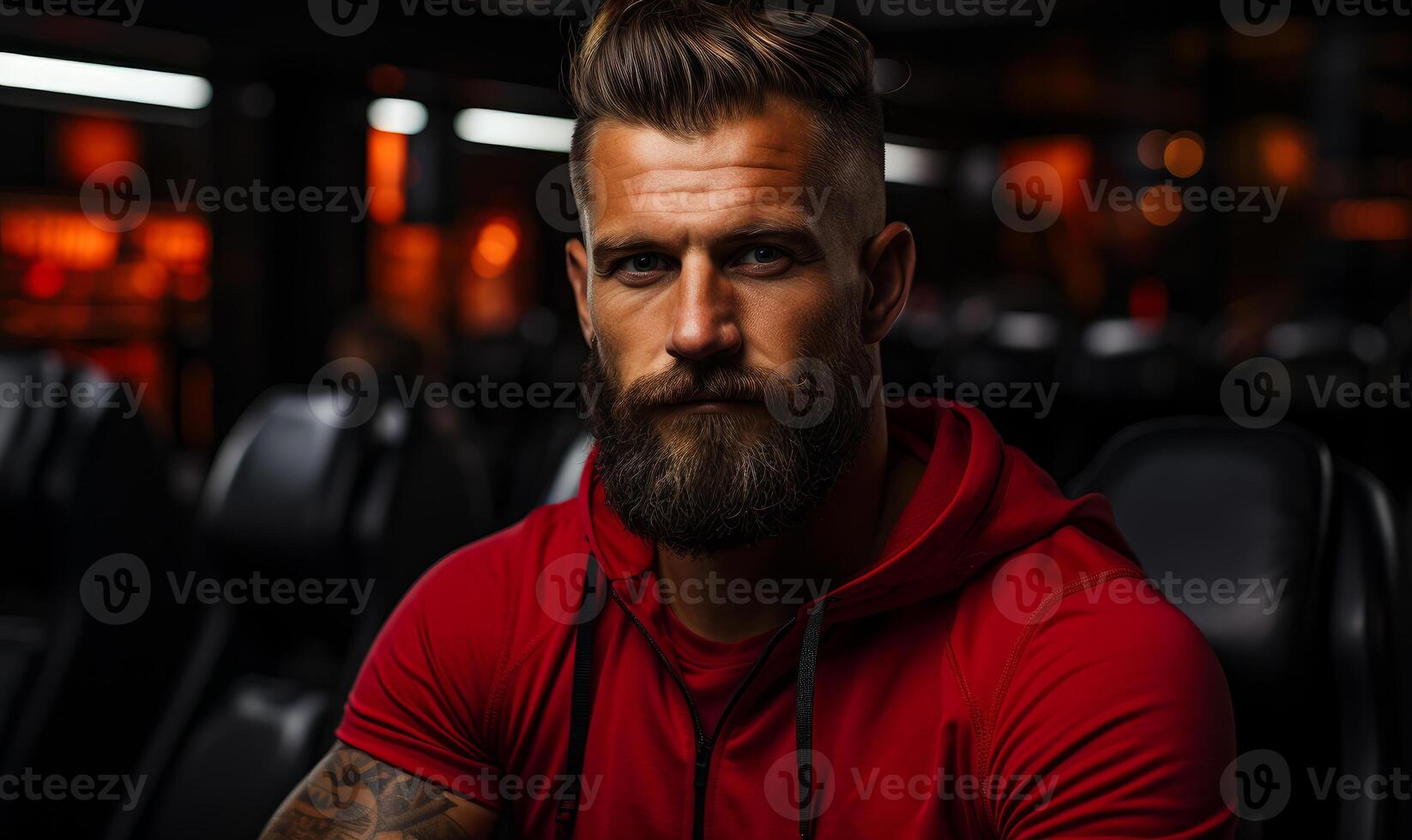 AI generated A man at the gym with a bearded face. A man with a beard wearing a red shirt stands in front of the camera. photo