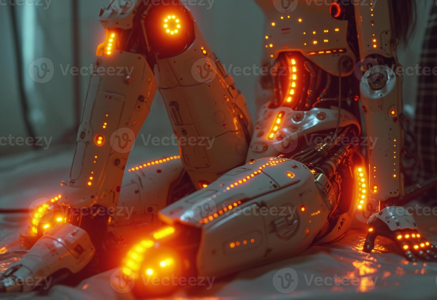 AI generated Cyborg robot sitting on the bed with light effects photo