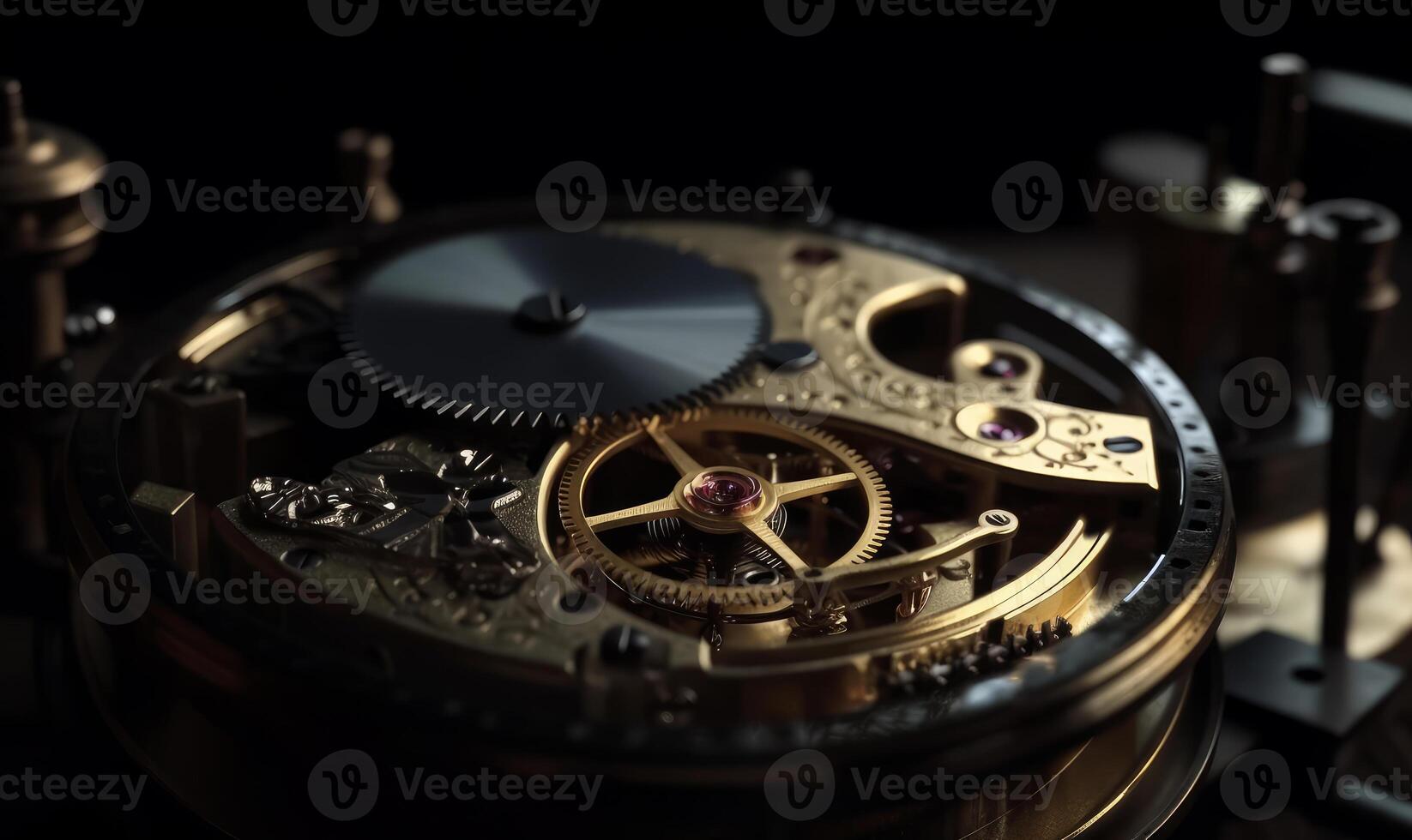 AI generated Mechanism clockwork of watch with jewels close-up. Vintage luxury background. Time work concept. photo