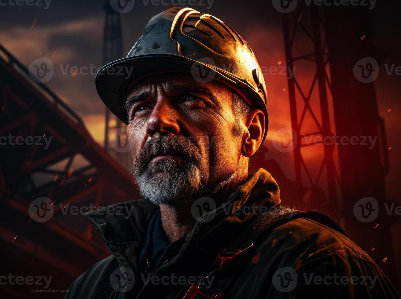 AI generated Engineer in red hard hat. Portrait of senior bearded coal miner with helmet on his head on the background of the pipes of metallurgical plant at sunset. photo