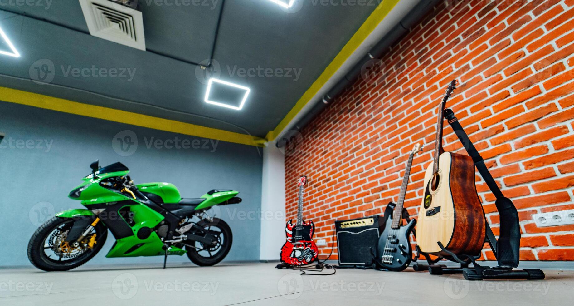 loft style interior brick walls green sport bike inside. Modern style. Lifestyle concept. Front view. Closeup photo