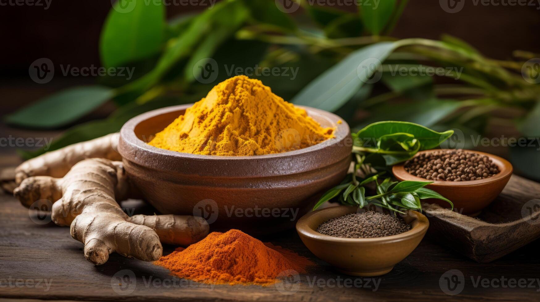 AI generated Ayurvedic ingredients like turmeric, ginger, and neem leaves photo