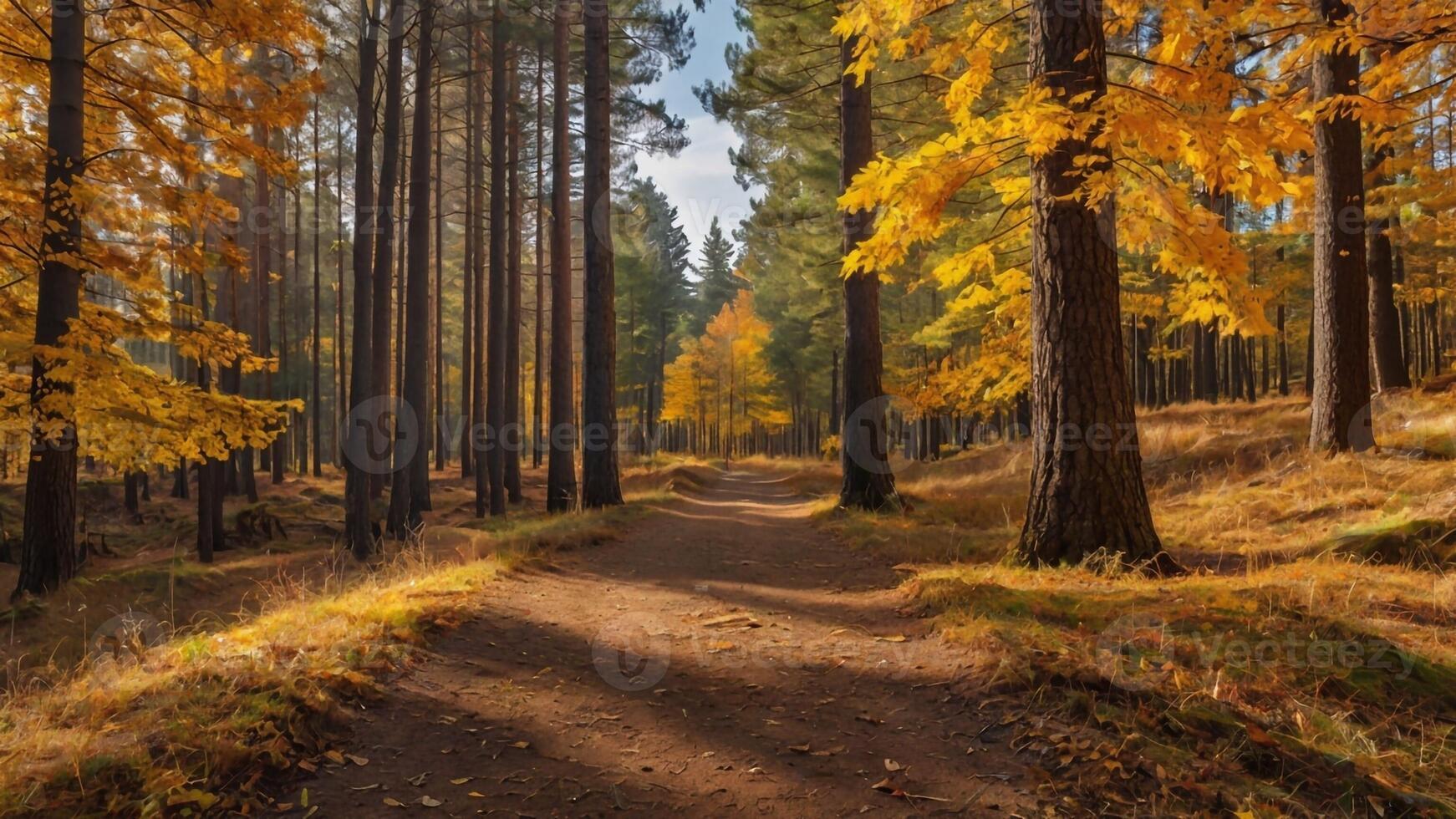 AI generated Nature Background in Autumn Season, Trees, River, Mountain. photo
