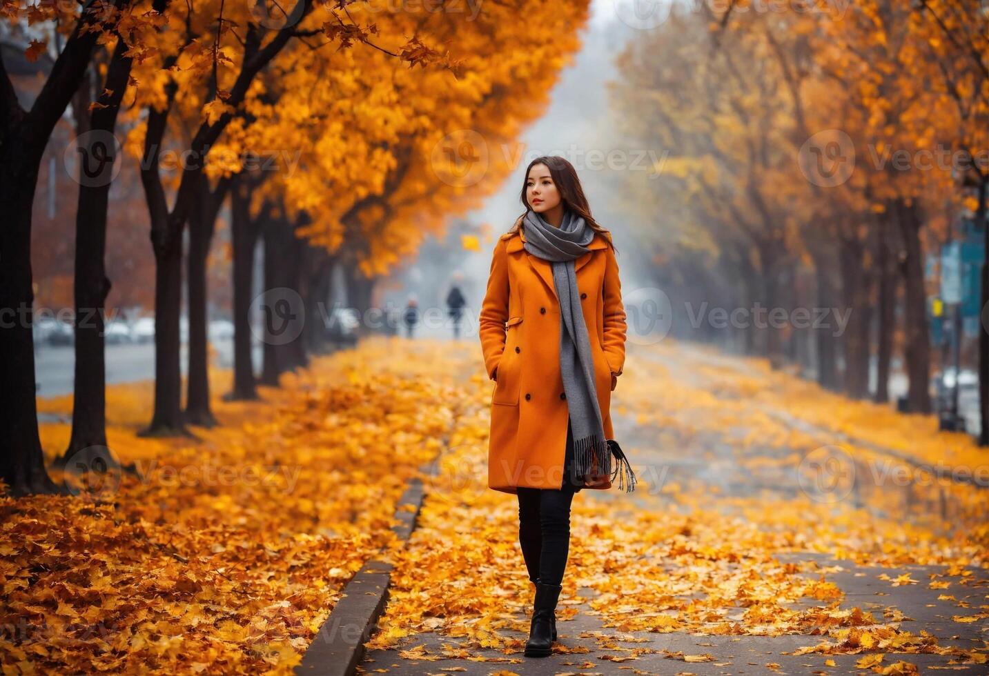 ai generado un mujer caminando en un hermosa romántico pasarela árbol túnel en el otoño temporada foto