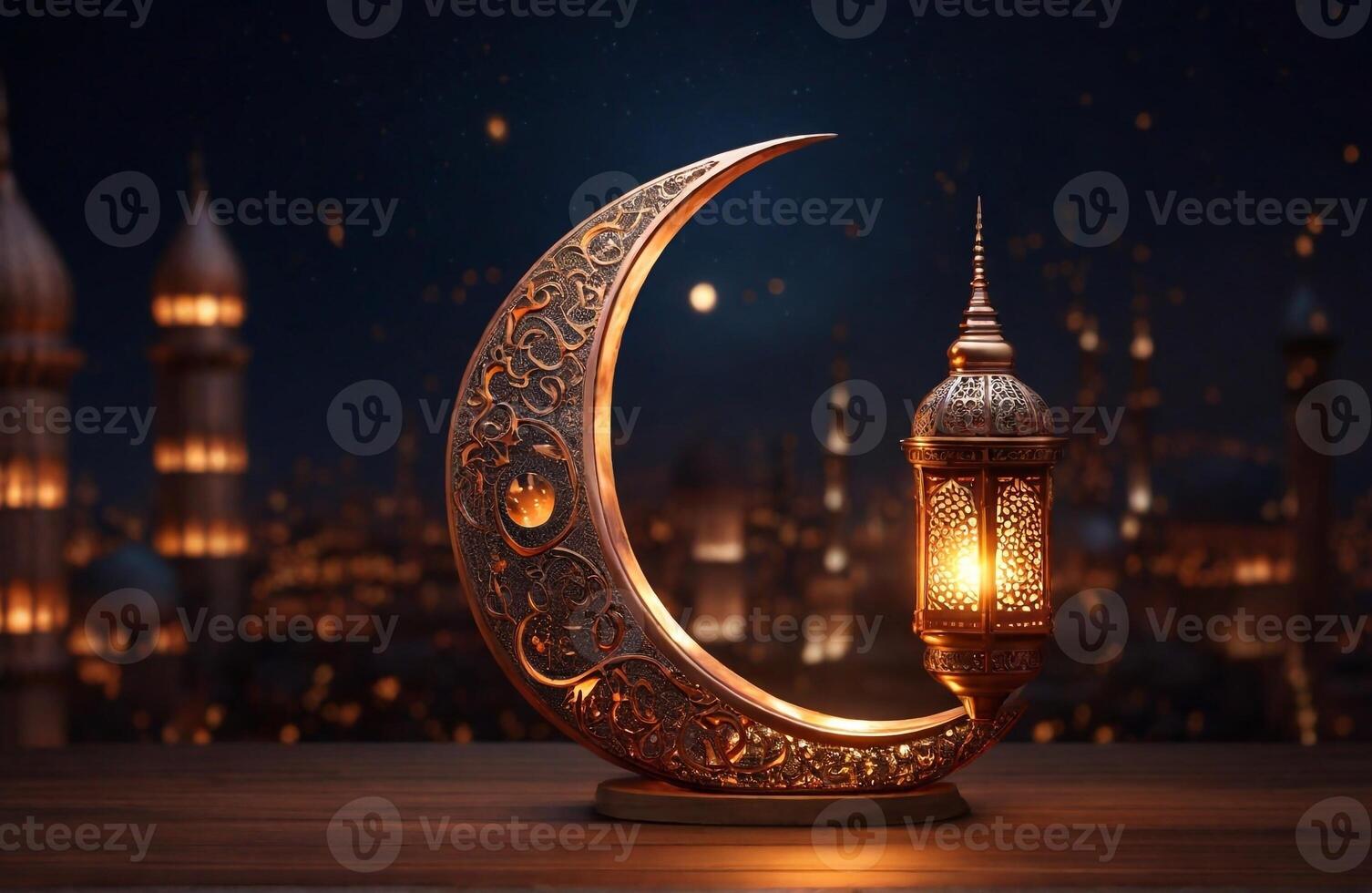 AI generated Ramadan kareem with golden luxurious crescent moon, lantern or fanoos, Islamic Background. photo