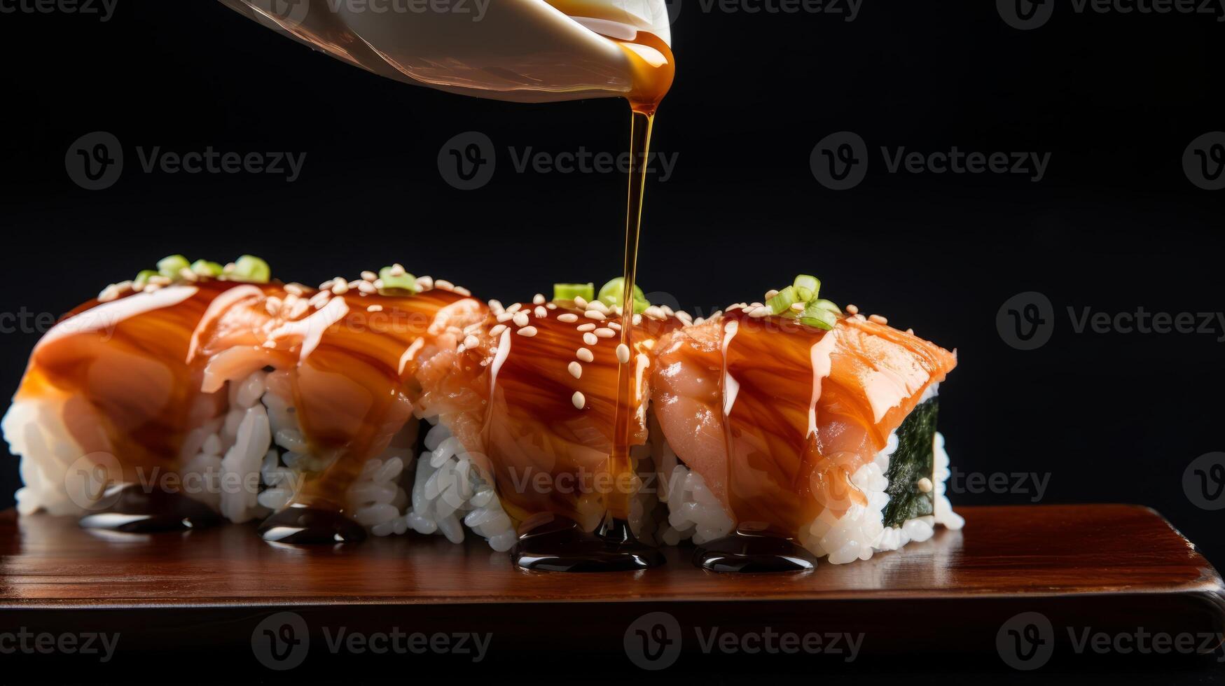 AI generated A piece of sushi being dipped into soy sauce photo