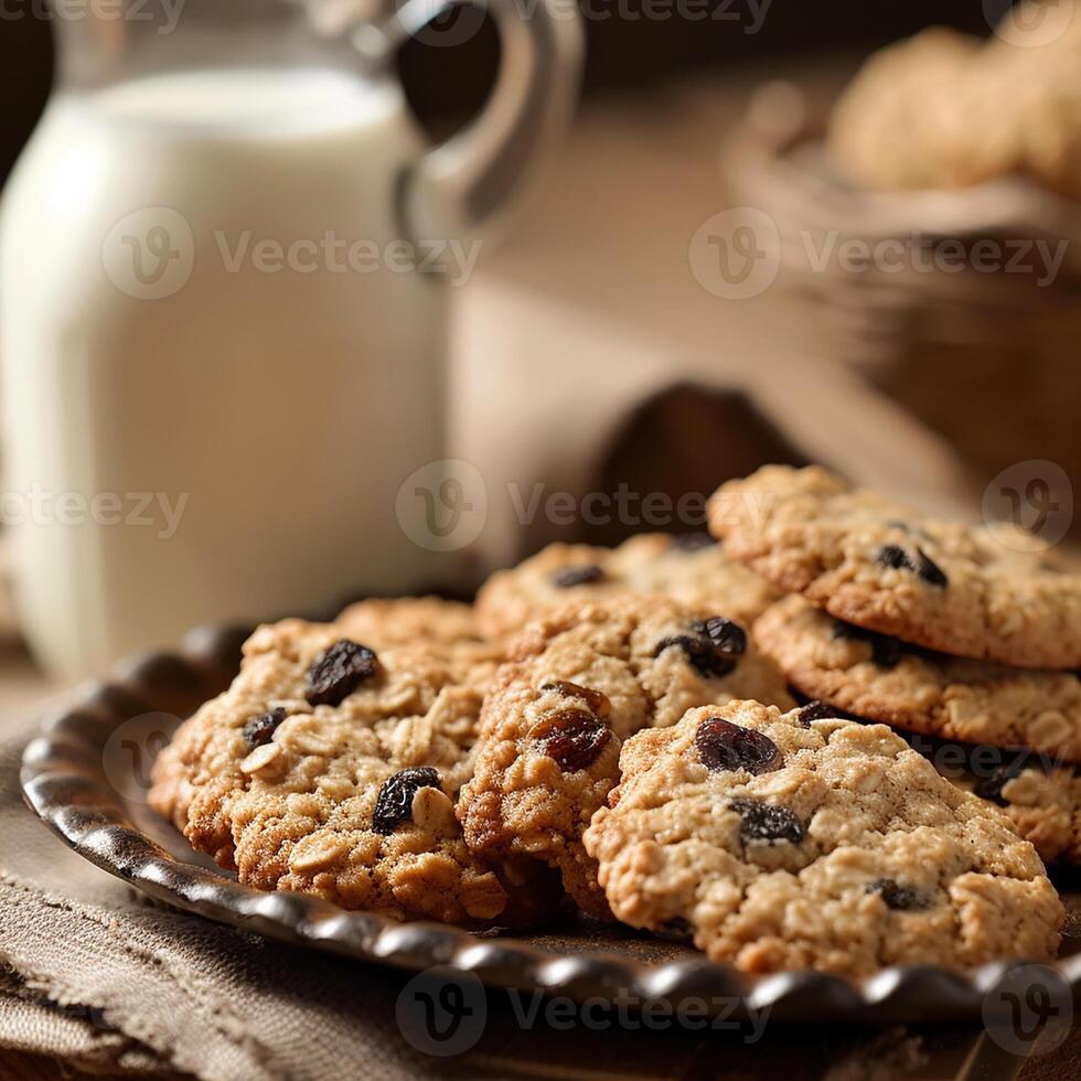 AI generated A carafe of cool milk with oatmeal cookies. Taste of childhood. photo