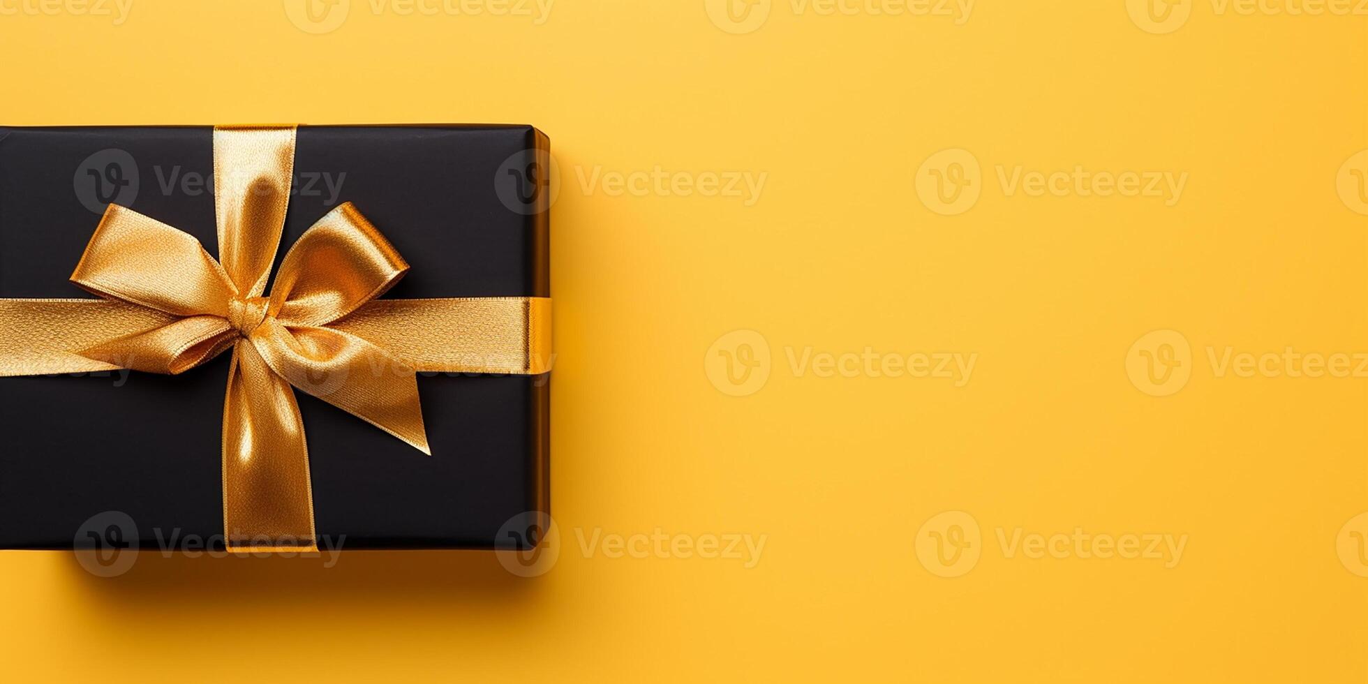 AI generated Flat lay. Black gift box on a yellow background. Logo or name mockup. Black Friday theme. photo