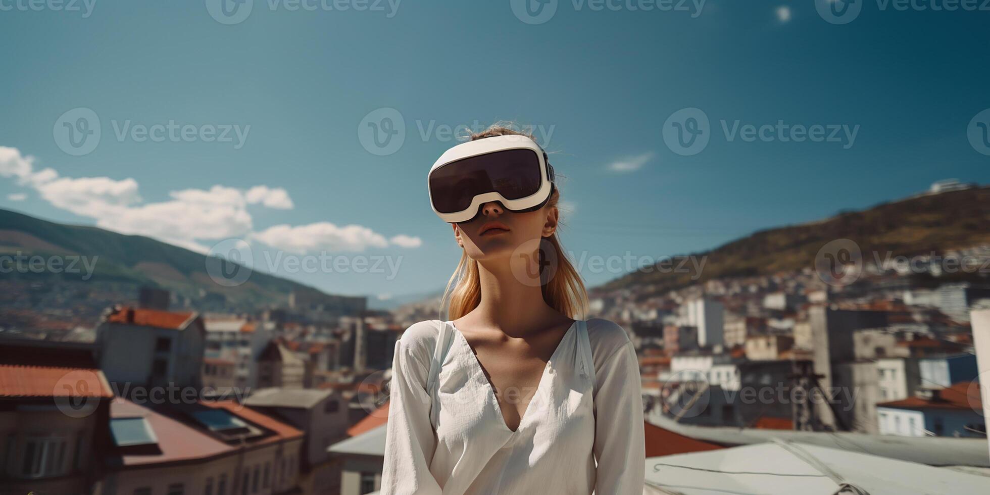 AI generated A photorealistic image of a young girl wearing VR glasses against the backdrop of a landscape with city buildings. Image on the theme of augmented reality. Technologies photo