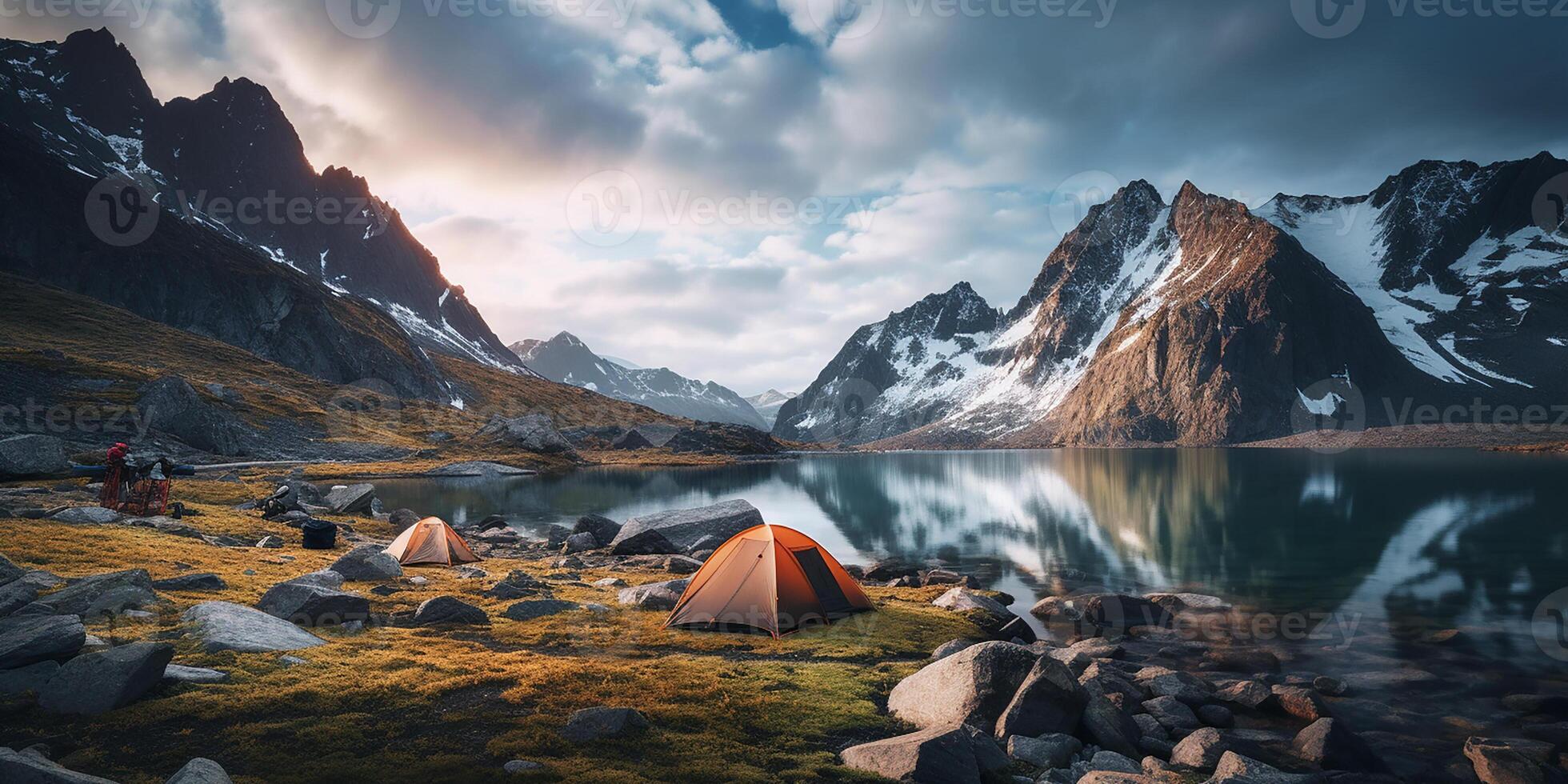 AI generated Camping against the backdrop of snowy mountains and a blue lake. Lifestyle concept for travelers photo