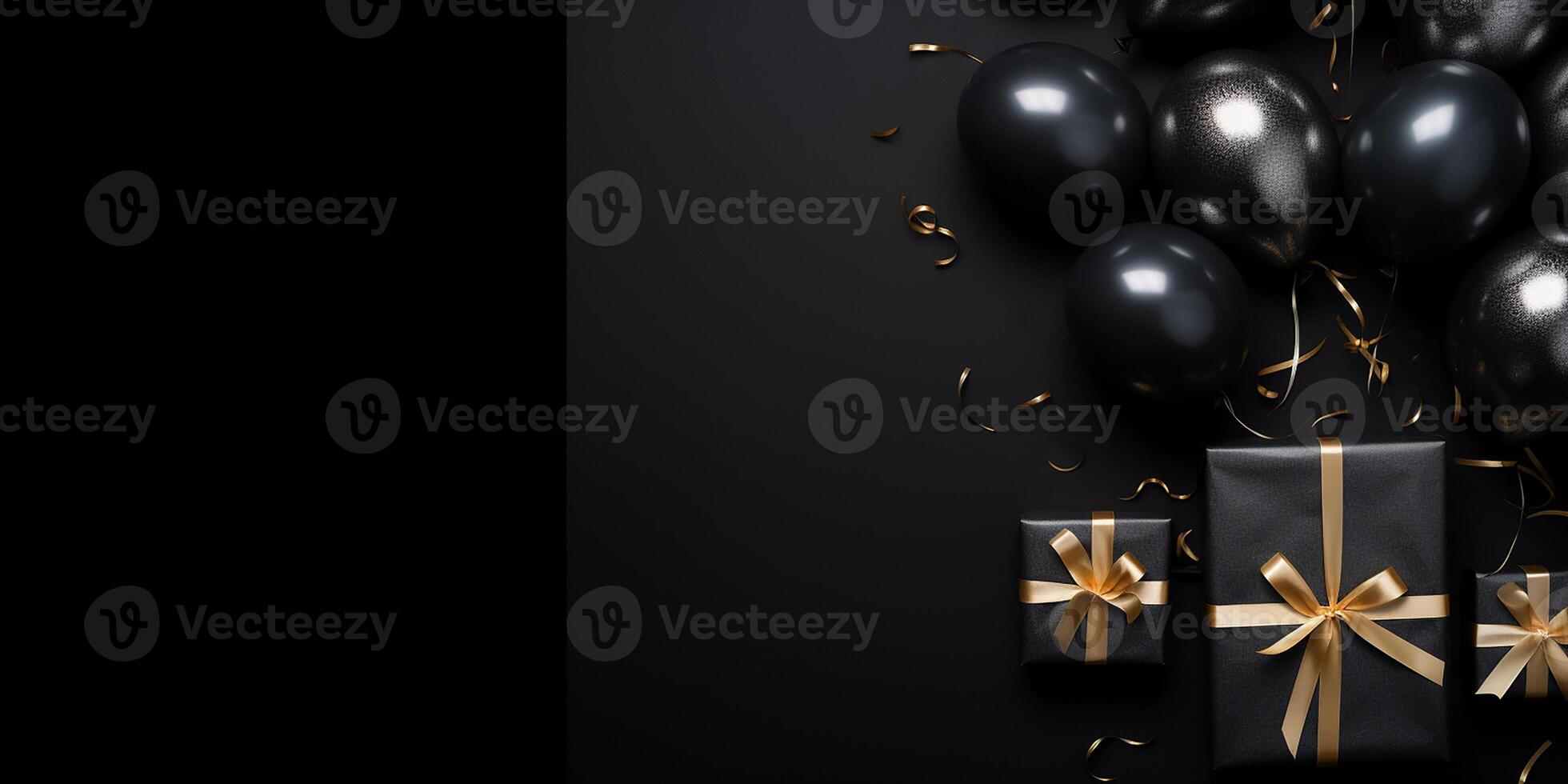 AI generated gift box with black balloons and gold ribbon on a black background. Black Friday photo