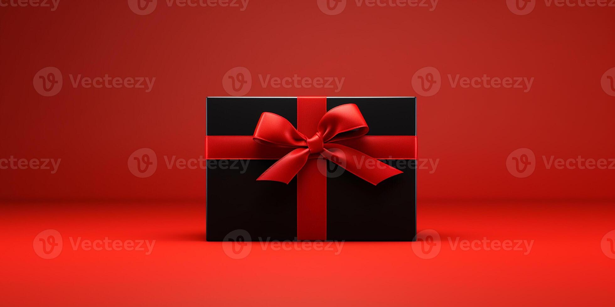 AI generated Flat lay. Black gift box on a red background. Logo or name mockup. Black Friday theme. photo