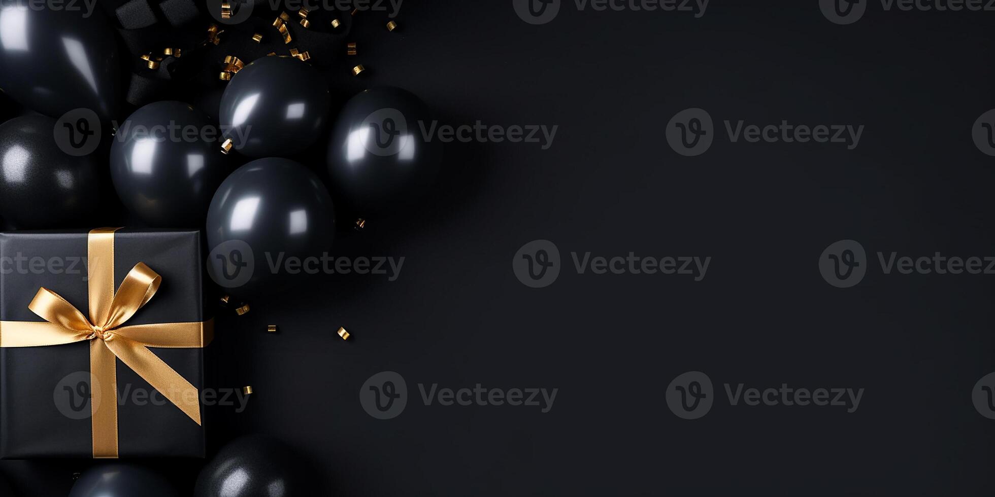 AI generated gift box with black balloons and gold ribbon on a black background. Black Friday photo