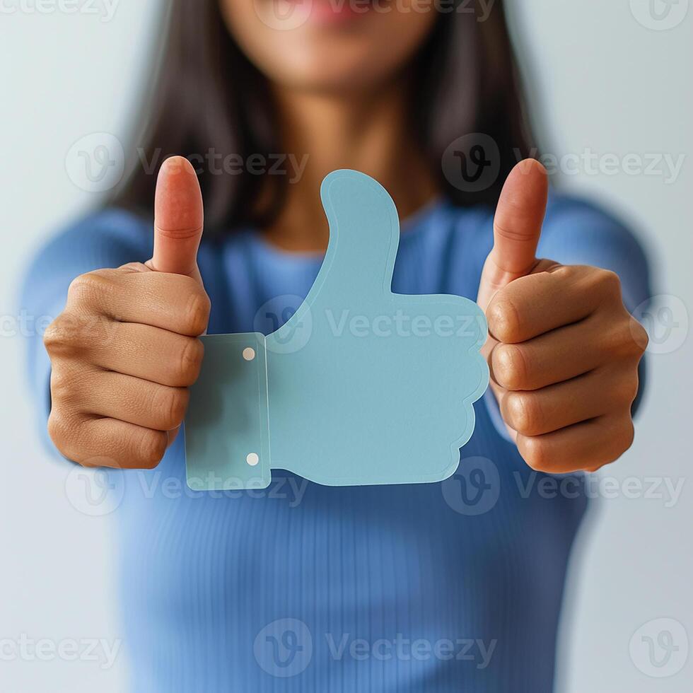 AI generated woman holding a card with a thumbs up emoji sign. emotion photo