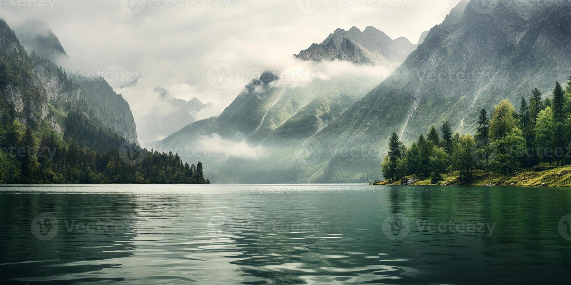 AI generated Serene mountain lake. The tranquility and grandeur of nature. photo