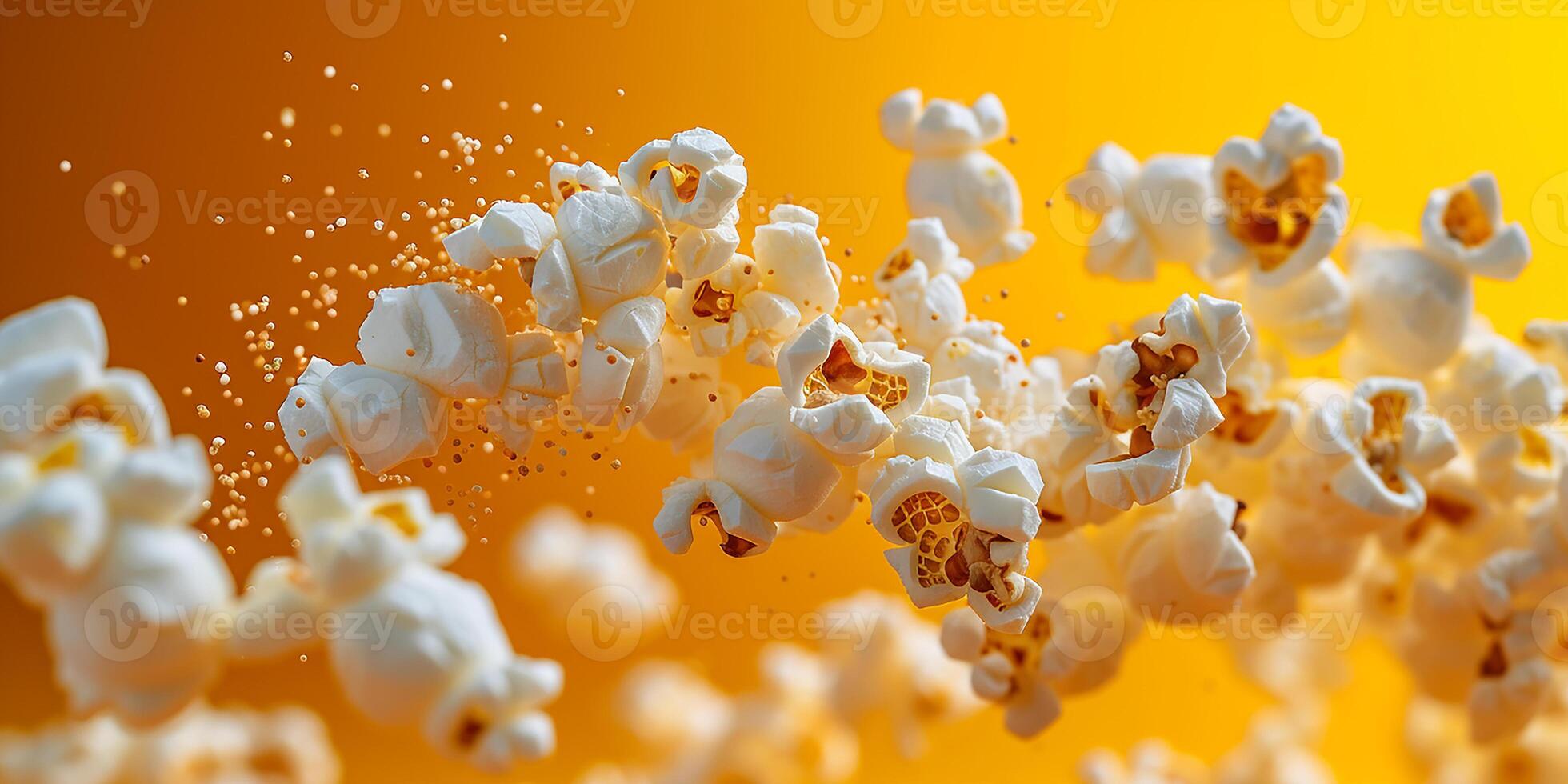 AI generated flying popcorn on a yellow background. popcorn in motion, cinema theme, fun photo