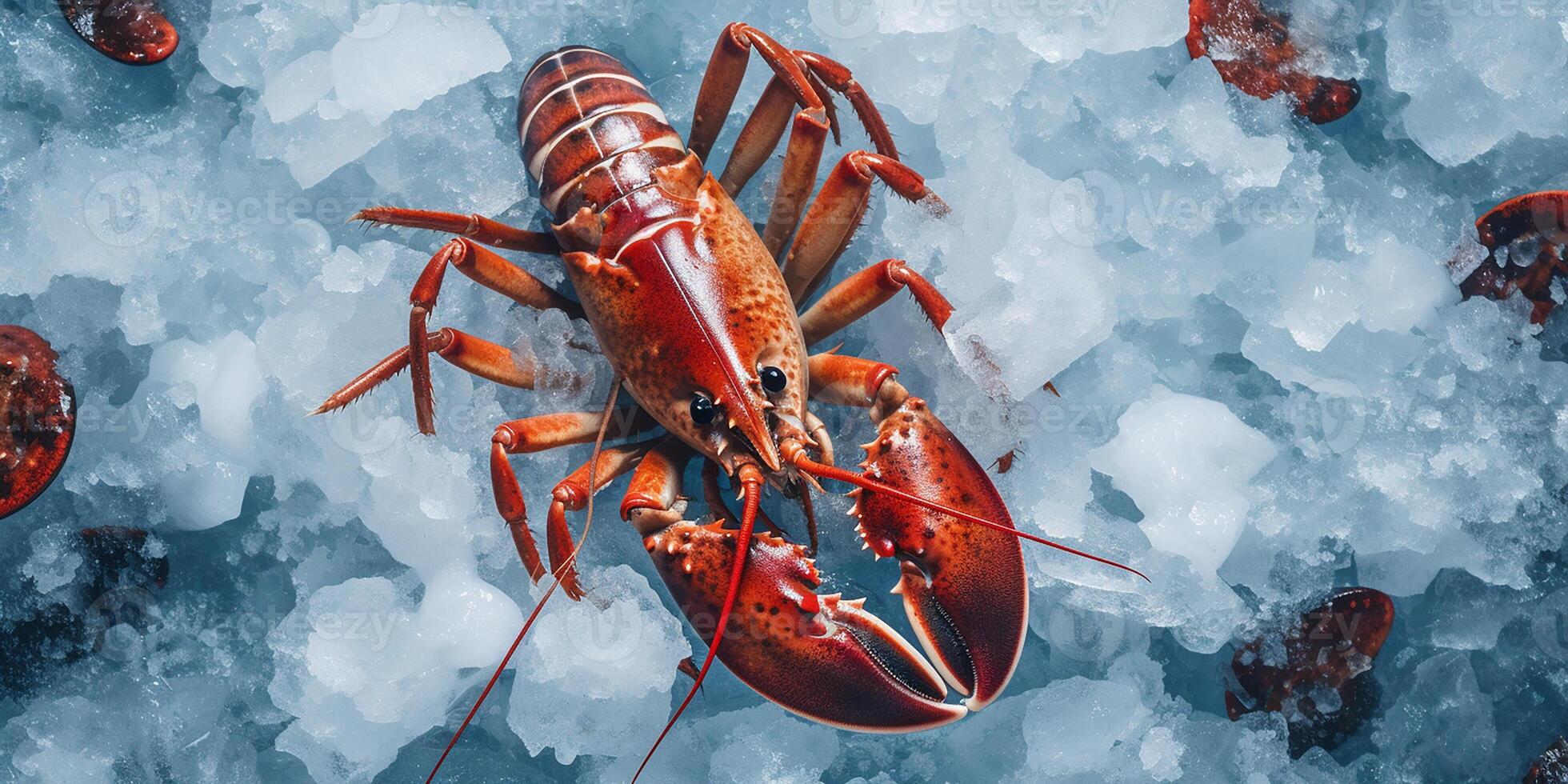 AI generated Photorealistic image of fresh lobster on ice photo