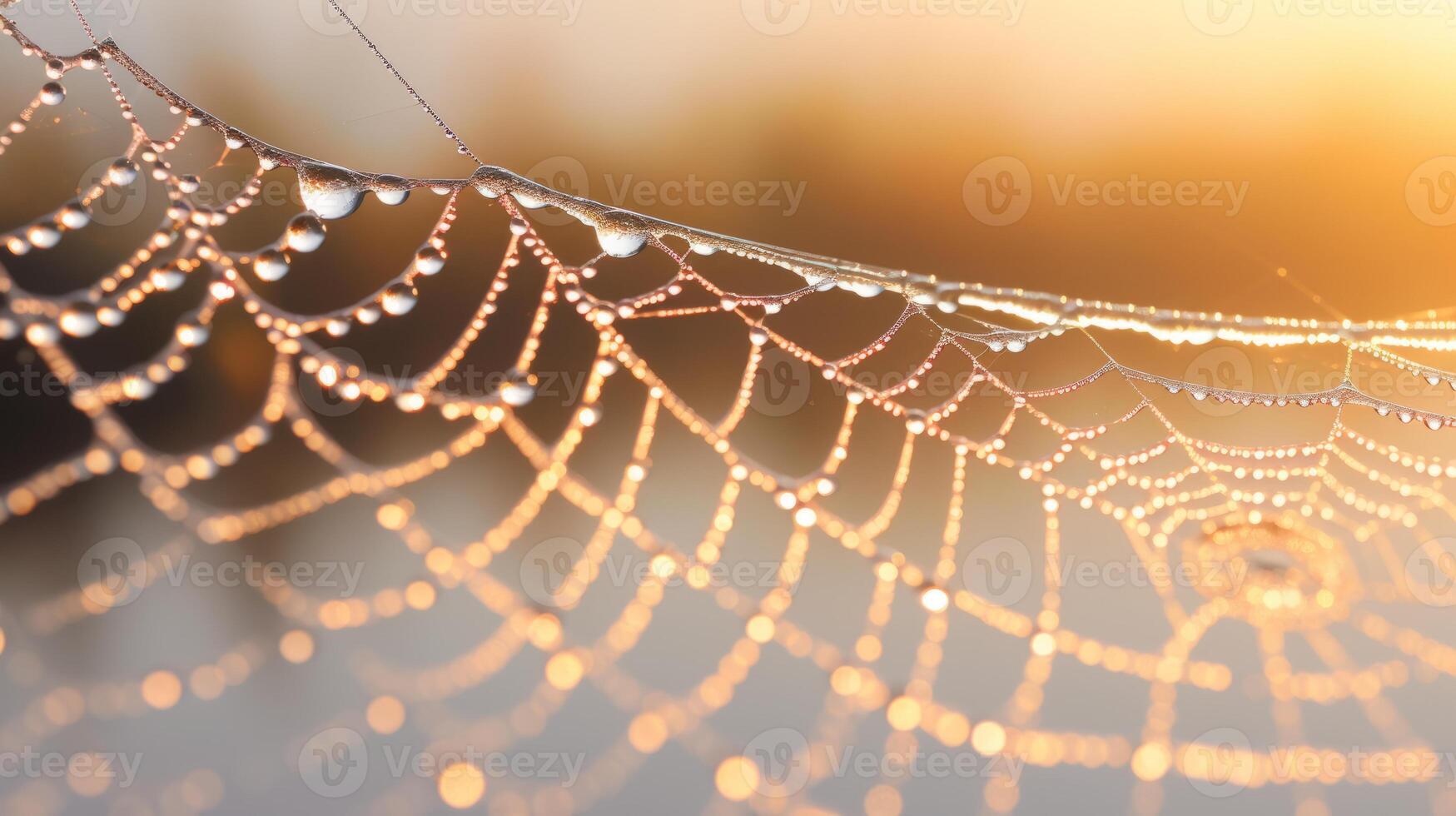 AI generated Hyper zoom closeup of a dewy spiderweb at dawn photo