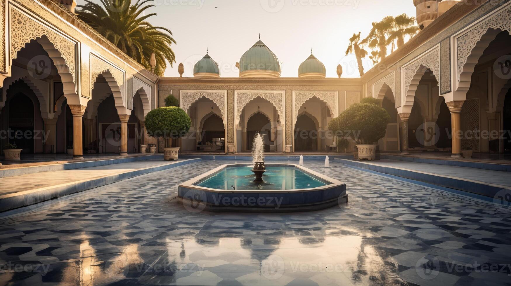 AI generated A mosque's serene courtyard with a central fountain photo