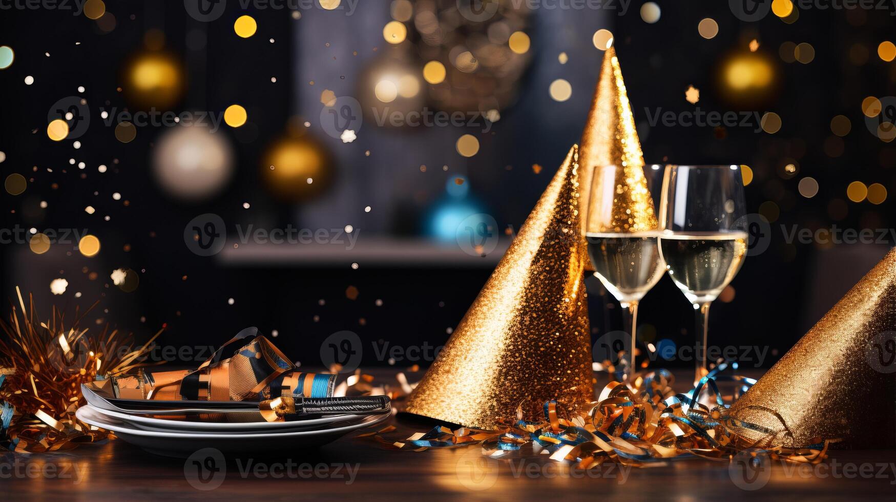 AI generated A new year's eve table with party hats and confetti photo