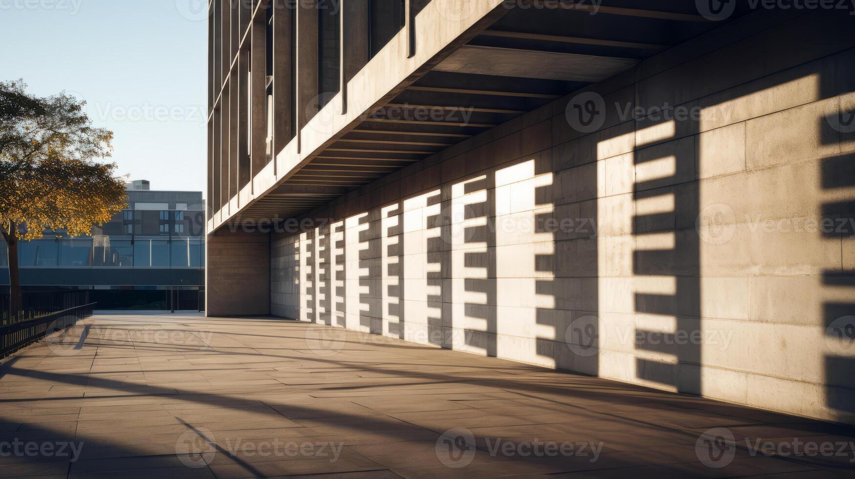 AI generated A brutalist building casting dramatic shadows in the afternoon sun photo