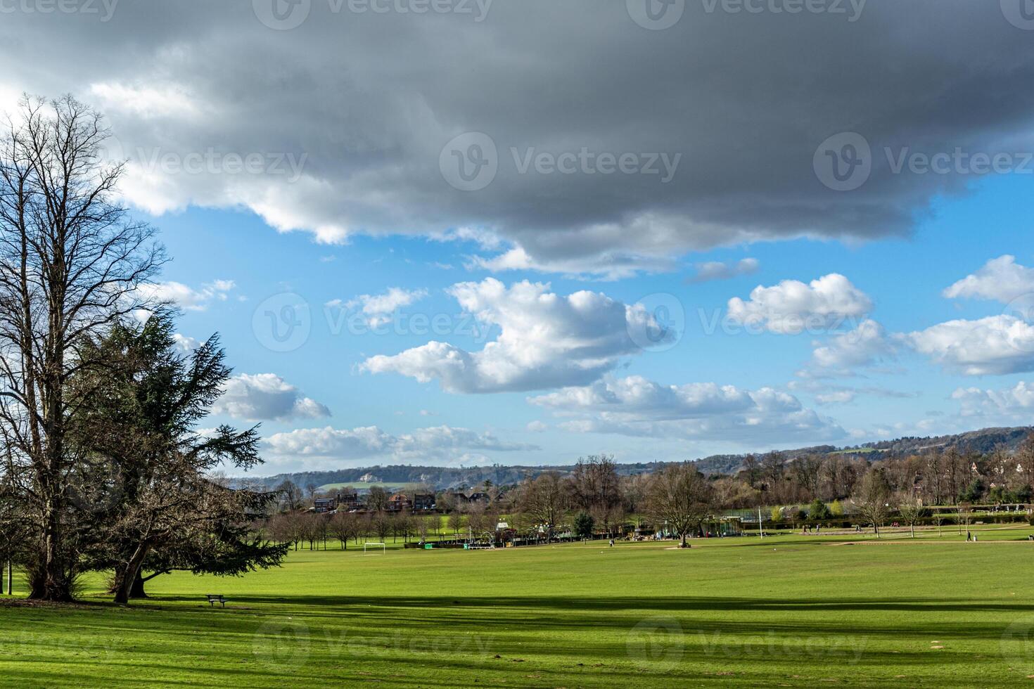 Scenic landscape with lush green field, trees, and a dramatic cloudy sky. photo