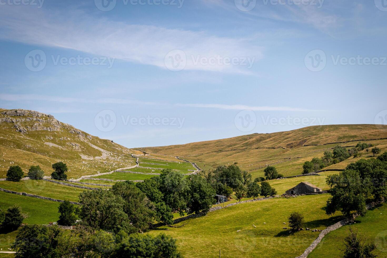 Idyllic rural landscape with green fields, country road, and rolling hills under a clear blue sky. photo
